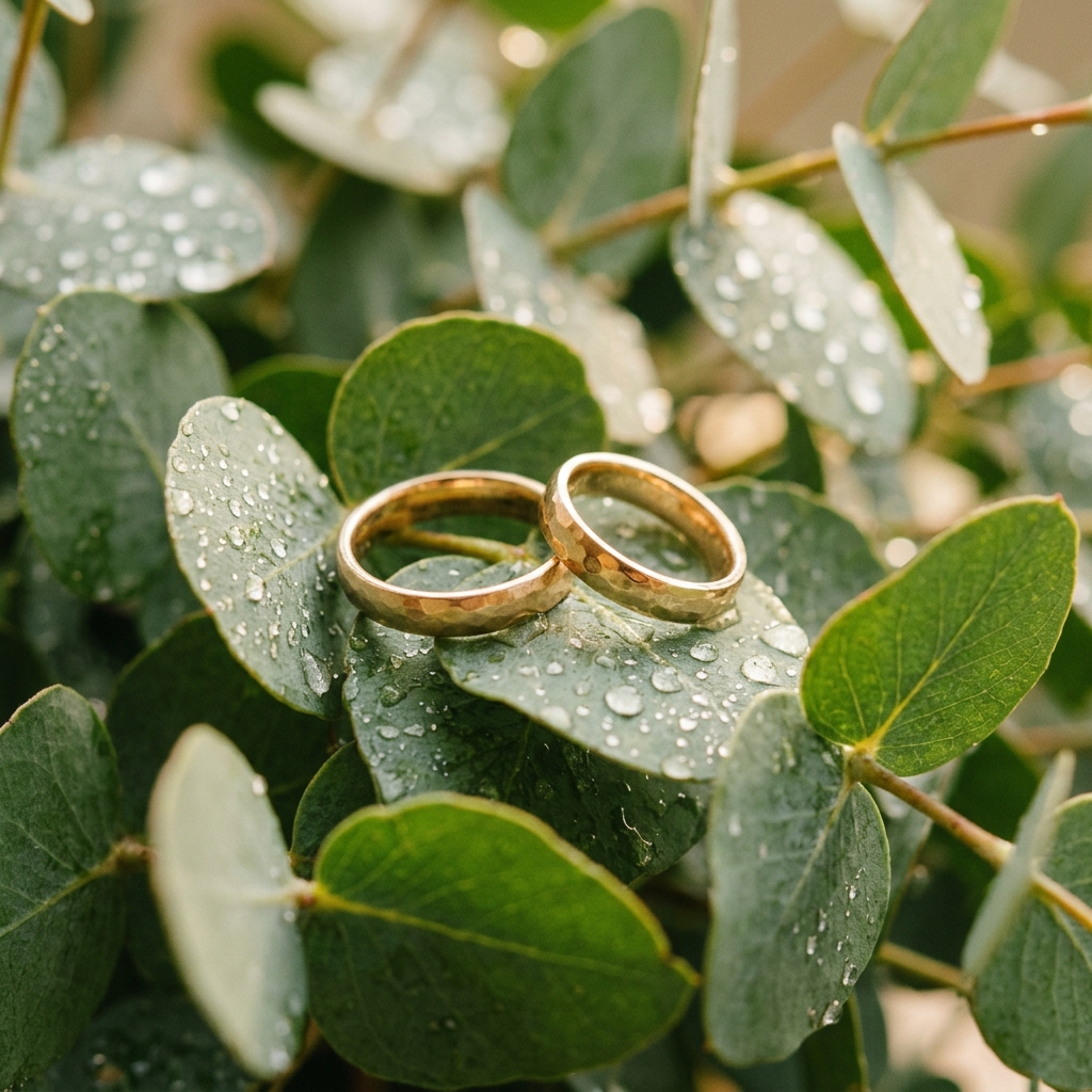Gold wedding bands resting on eucalyptus leaf