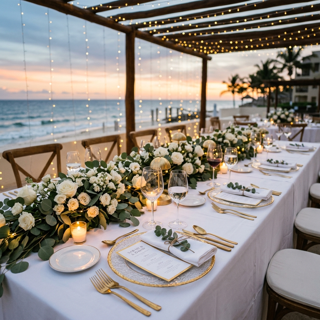 Table setup detail with warm sunset light and flowers