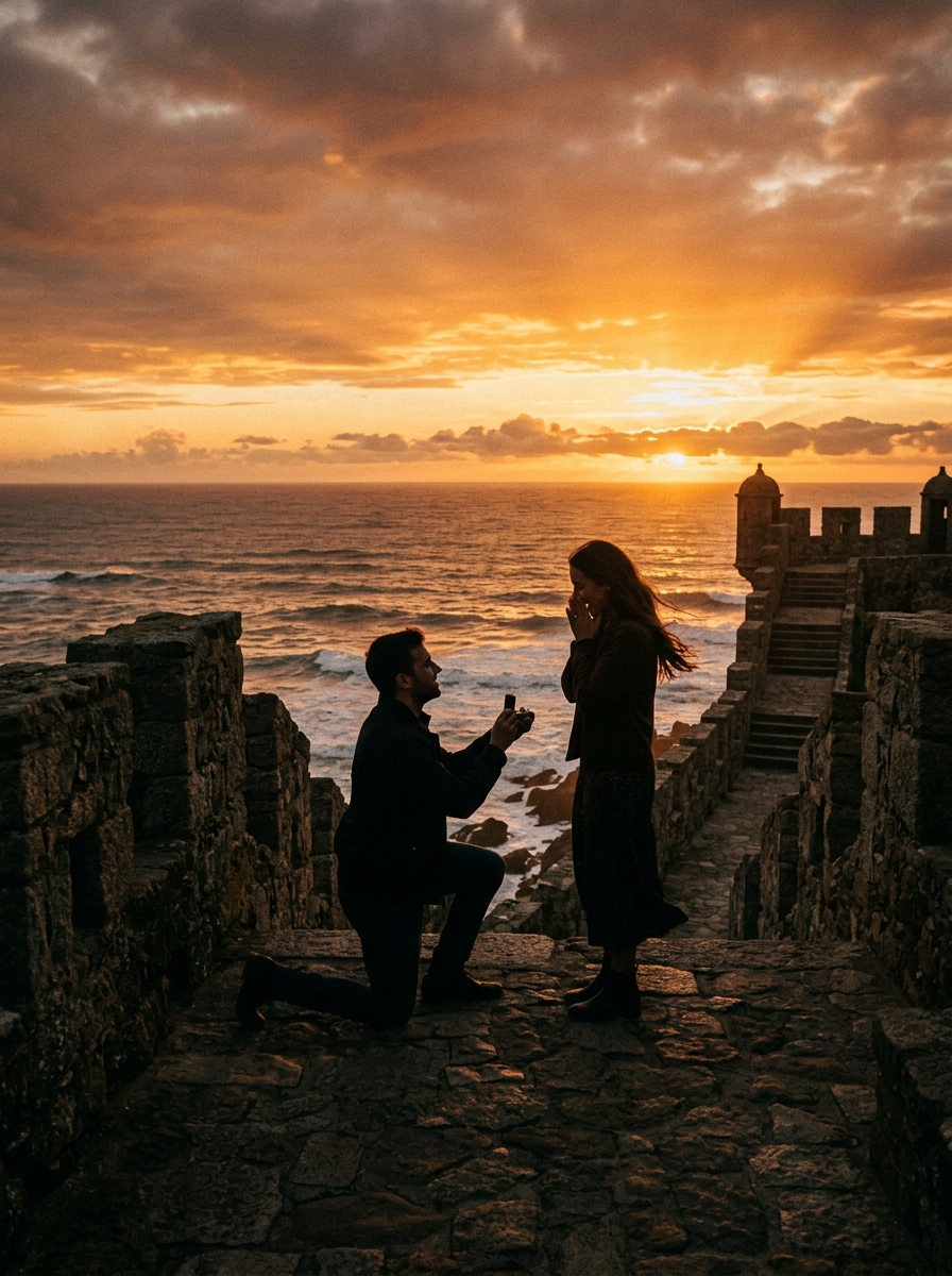 Proposal at sunset overlooking the ocean